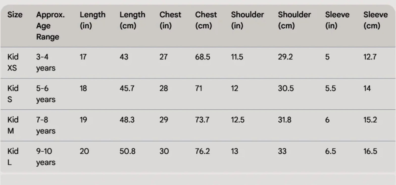 Kid AOP Oversized T-Shirt Size Chart