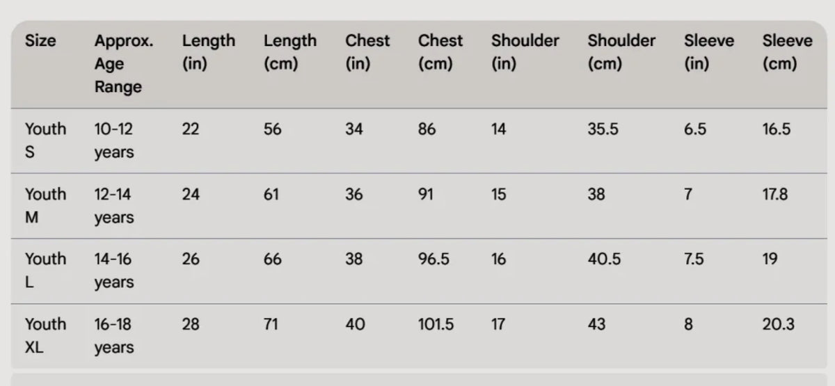 Youth AOP Oversized T-Shirt Size Chart