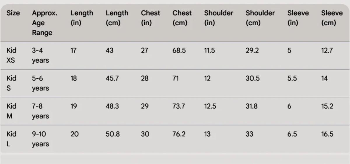Kid AOP Oversized T-Shirt Size Chart