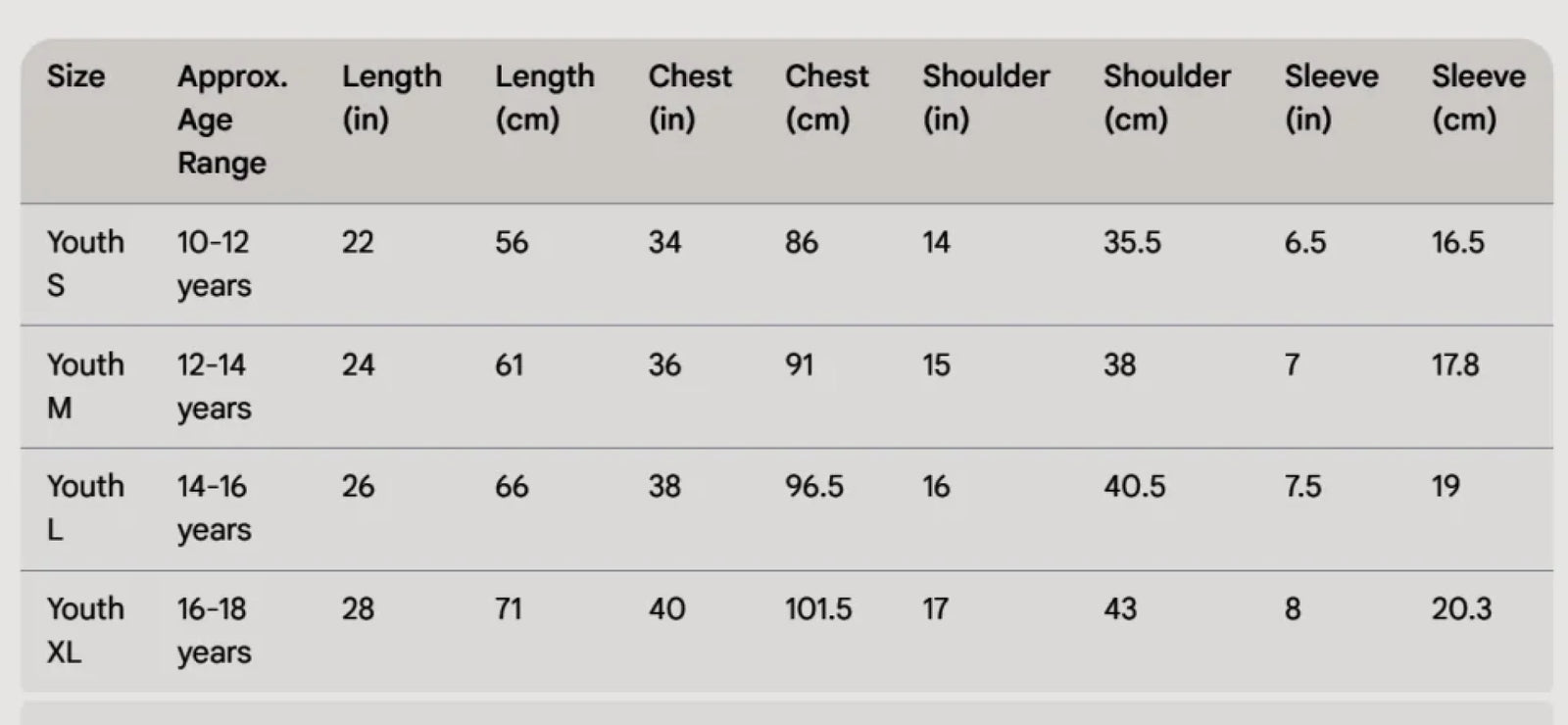 Youth AOP Oversized T-Shirt Size Chart