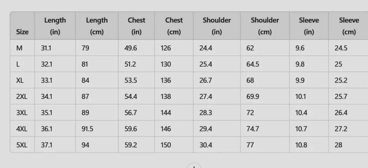 Adult AOP Oversized T-Shirt Size Chart